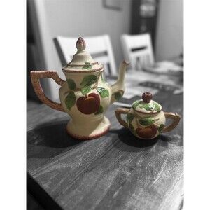 Vintage Ceramic Apple Embossed Tea Or Coffee Pot W/ Sugar Bowl Cracker Barrel